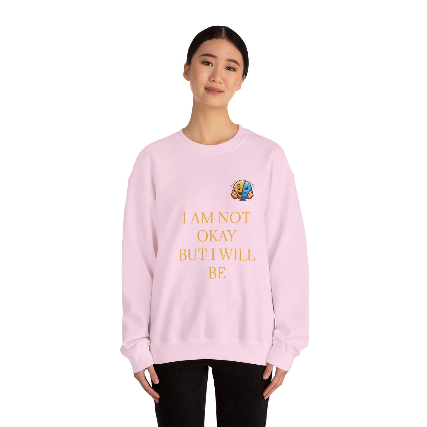I’m Not Okay But I Will Be Sweatshirt — Inspirational Christian Crewneck (Light Blue & Pink)