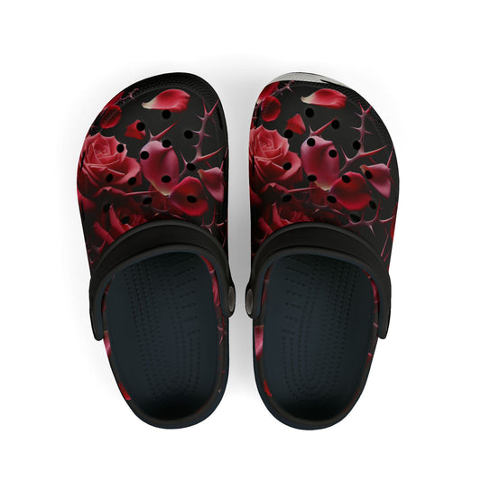 Kids Foam Clogs - Black with Red Roses Design