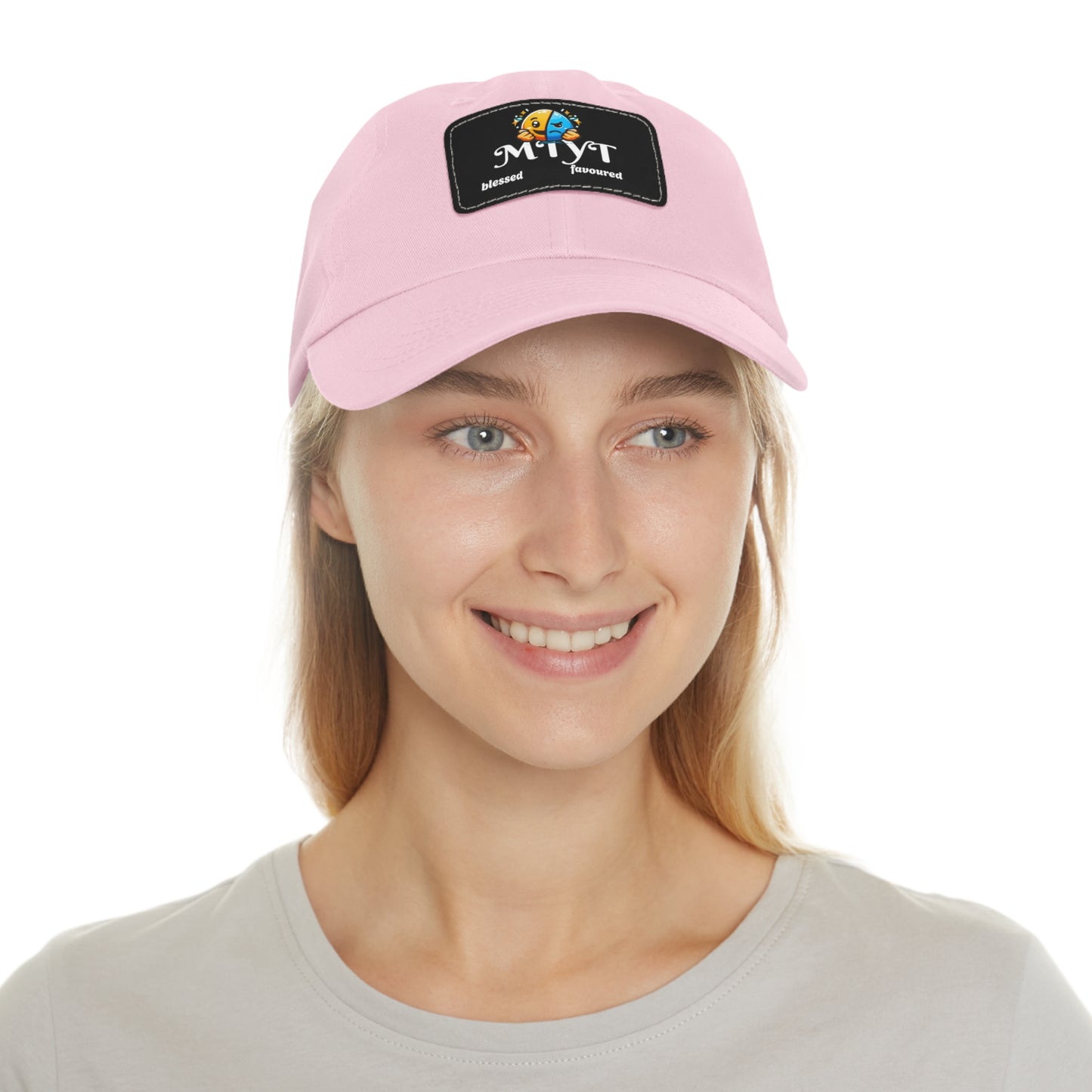 Pink dad hat with Black Leather Patch (Rectangle) -MTYT Design