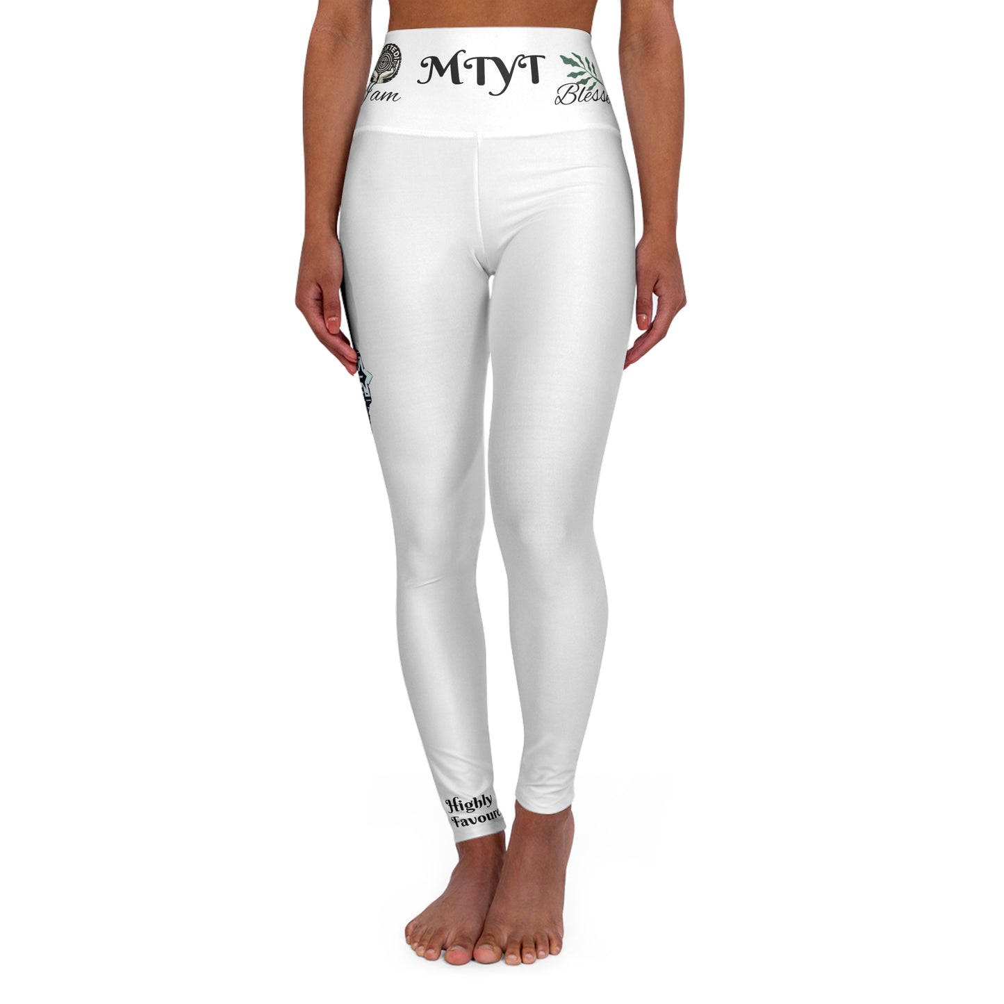 White Yoga Leggings - High Waisted 'I Am Blessed and Highly Favored' Design