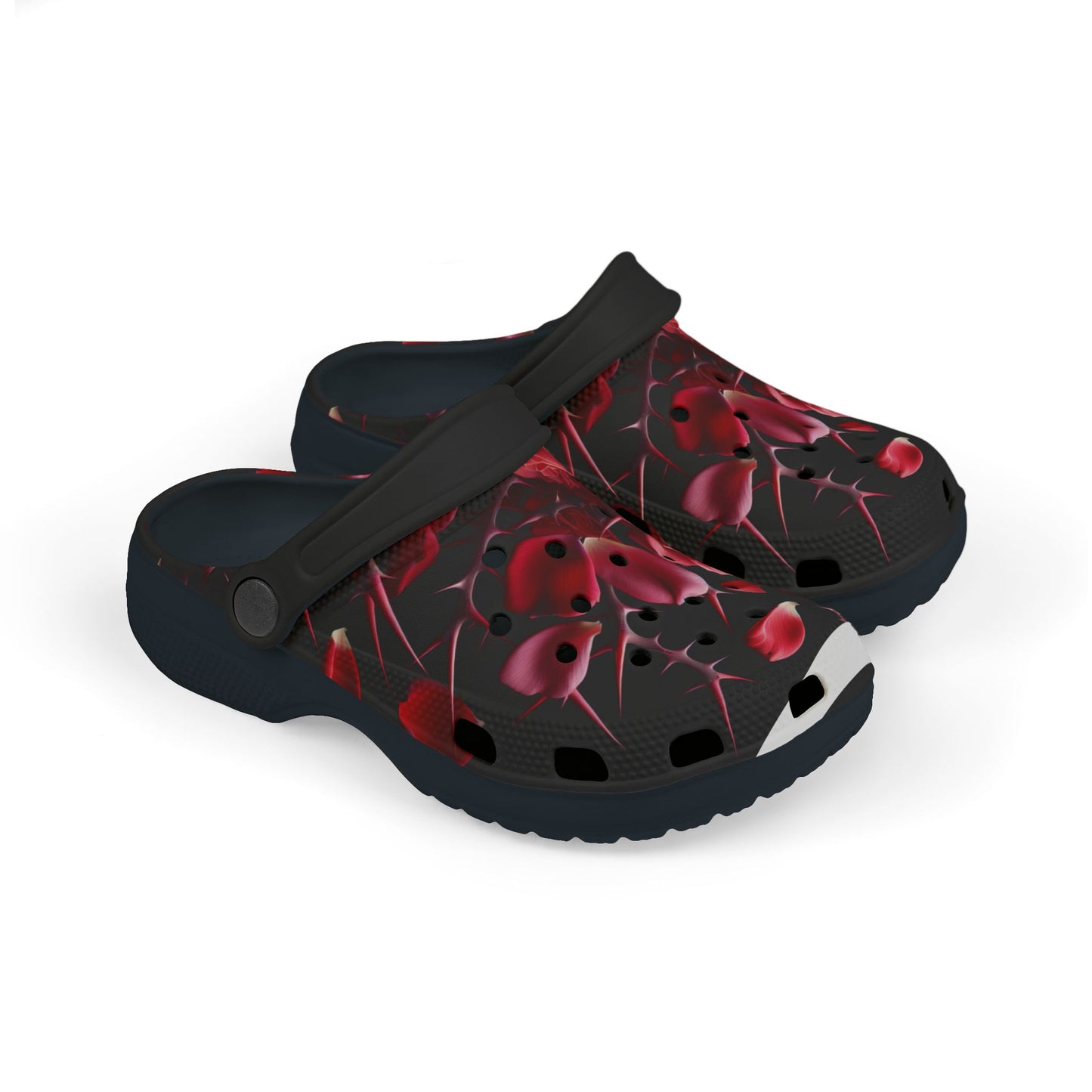 Kids Foam Clogs - Black with Red Roses Design