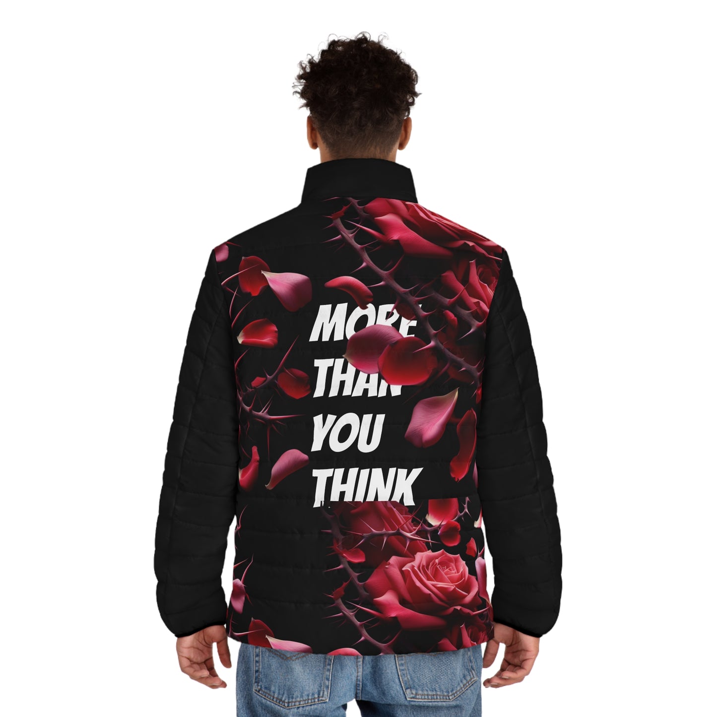 Black -MTYT Men's Puffer Jacket - With Red Roses