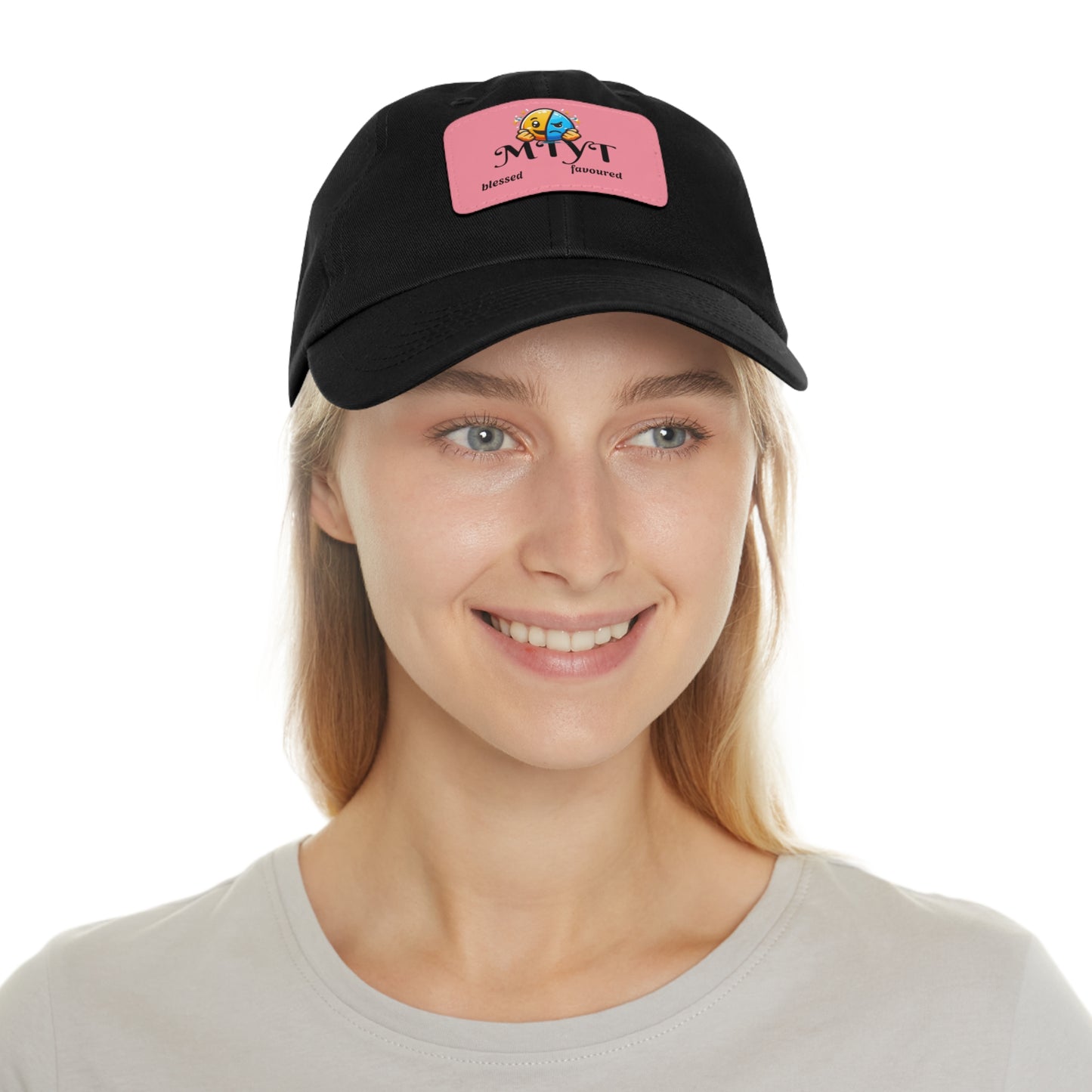 Black Dad Hat with pink Leather Patch (Rectangle)-MTYT Design
