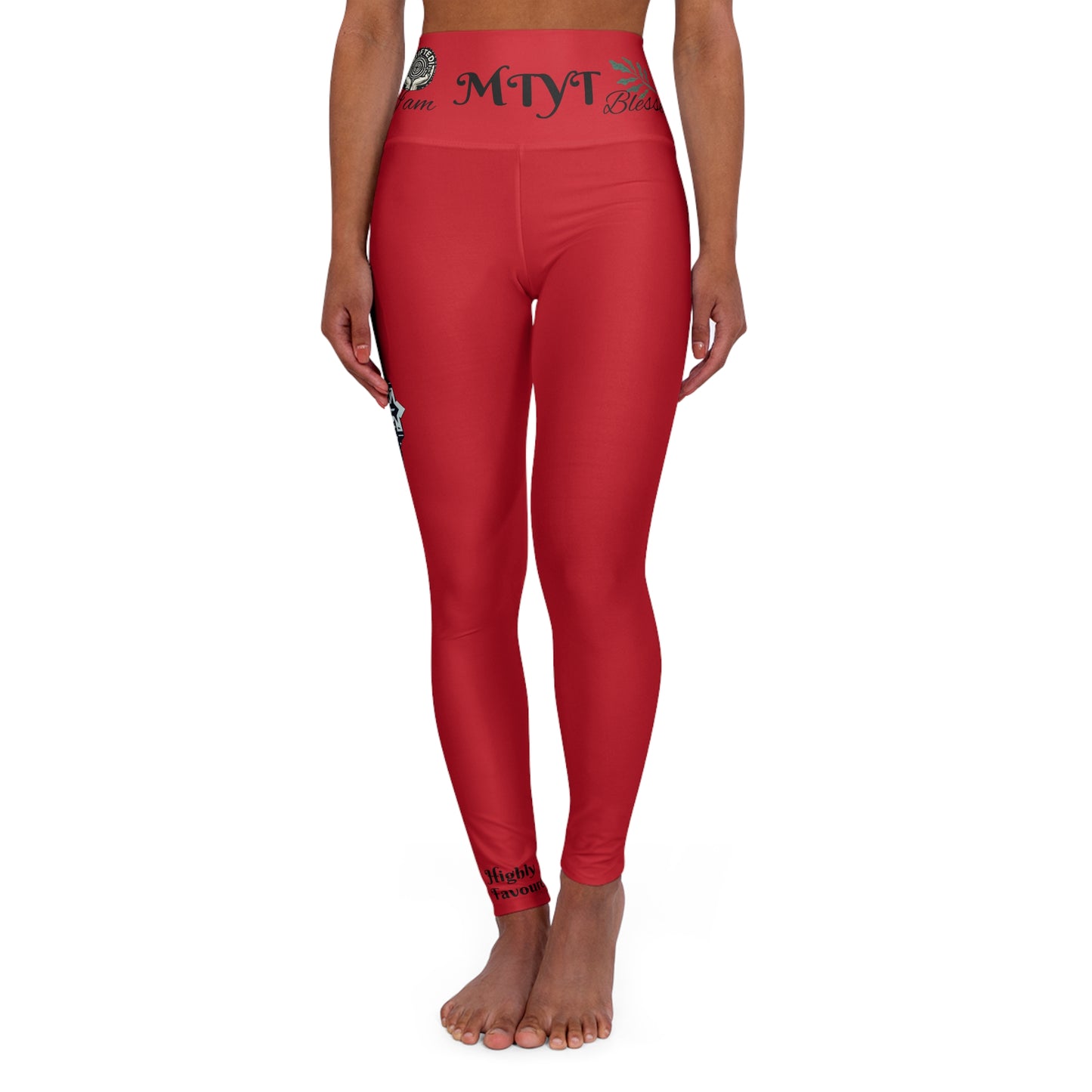 Red Yoga Leggings - High Waisted 'I Am Blessed and Highly Favored' Design